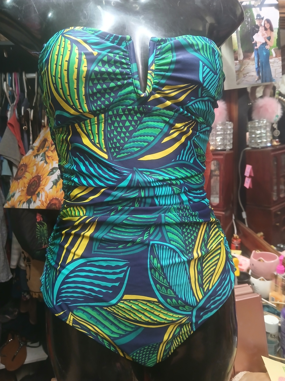 Tropical Leaf Strapless One-Piece Swimsuit - Blue, Green & Yellow